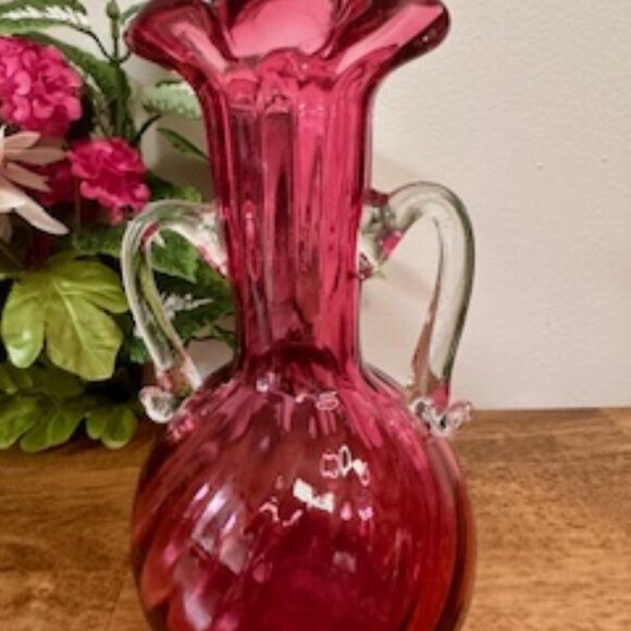Vintage Cranberry Art Glass Vase – Swirled Base Clear Double Handles Ruffled Rim - Picture 1 of 5